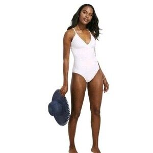 Vineyard Vines Swimsuit  Womens Size S Seersucker Sconset One Piece White Cap